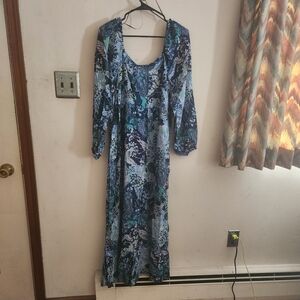 🎉 Floor Length Blue & Green Off The Shoulder Dress